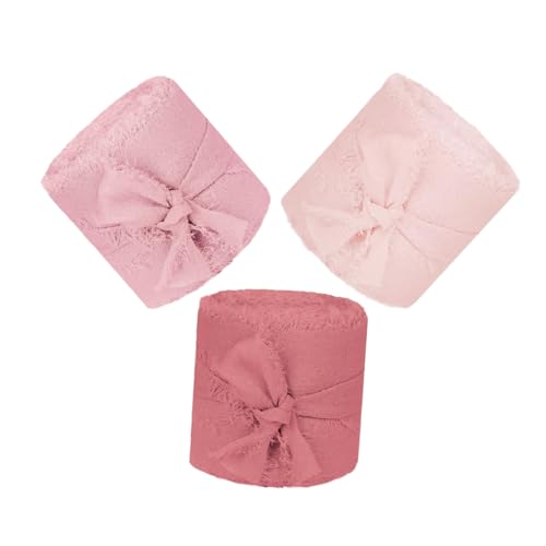 BCOATH 3 Rollen Breites Chiffonband in Rosa Organza Geschenkband mit Fransen Dekoratives Stoffband für Hochzeitssträuße Einladungskarten DIY Geschenkverpackungen und Festliche von BCOATH