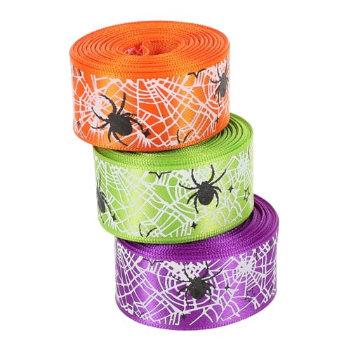 BCOATH 3 Rollen Halloween spinnen netz Geschenkband aus Polyester Buntes Zierband mit Spinnenmotiv für Tischdeko Partyornamente DIY Bastelband Langlebiges Halloween dekor von BCOATH