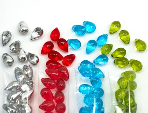 120+ Bead Kit of 6x9mm Pendant Drop Beads - Teardrop Glass Beads for Jewelry Making Set in 4 Bright Distinct Colors: Blue, Red, Olive Green, Half Silver von BCV Glass