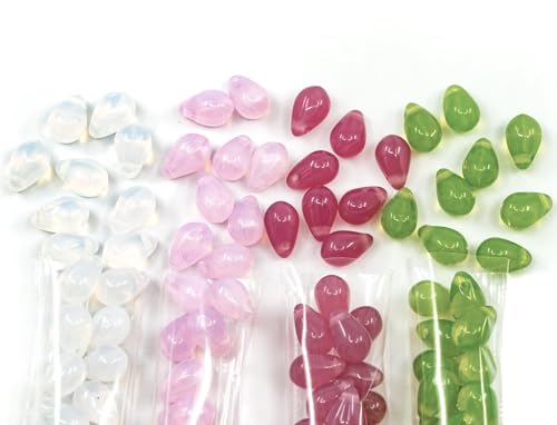 120+ Bead Kit of 6x9mm Pendant Drop Beads - Teardrop Glass Beads for Jewelry Making Set in 4 Opal Colors: White, Pink, Dark Pink, Grass Green von BCV Glass