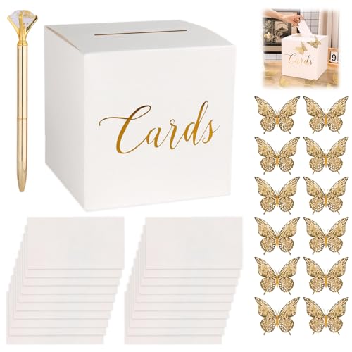 Kartenbox Hochzeit Weiß,Geschenkbox mit Schlitz,22 X 22cm Geschenkkartenbox,Hochzeitsbox für Geldgeschenke für Hochzeit Geburtstage Babypartys Braut,mit 12 Goldenen Schmetterlings und 1 Kugelschreiber Kartenbox Hochzeit Weiß,Geschenkbox mit Schlitz,22 X 22cm Geschenkkartenbox,Hochzeitsbox für Geldgeschenke für Hochzeit Geburtstage Babypartys Braut,mit 12 Goldenen Schmetterlings und 1 Kugelschreiber von BCYSNR