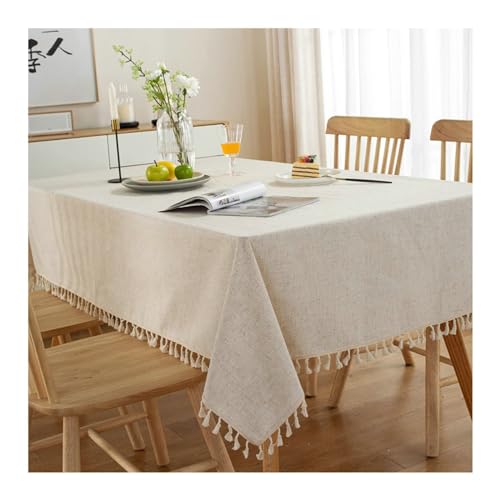 BCughia Tischdecke 100x160 Beige, Tischdecke Abwaschbar Waschbar Rechteckig Baumwolle Spitze Einfarbig mit Quasten Tischdecke für Küchentisch von BCughia