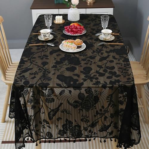 BCughia Tischdecke 140 x 140 Schwarz, Quadratisch Tischdecke Fleckabweisend Polyester Spitze Blume und Vogel Stickerei Tischdecke für Küchentisch BCughia Tischdecke 140 x 140 Schwarz, Quadratisch Tischdecke Fleckabweisend Polyester Spitze Blume und Vogel Stickerei Tischdecke für Küchentisch von BCughia