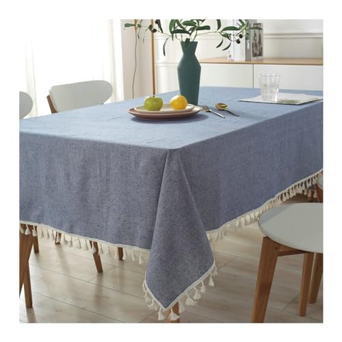 BCughia Tischdecke 140x250CM Blau, Tischdecke Abwaschbar Antirutsch Rechteckig Baumwolle Leinen Einfarbig mit Quasten Tischdecke für Küchentisch von BCughia