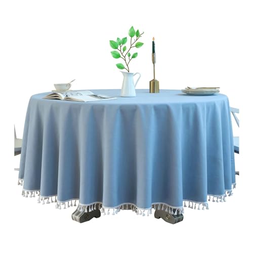 BCughia Tischdecke 200CM Rund, Tischdecke Abwaschbar Wasserdicht Baumwolle Leinen Einfarbig mit Quasten Tischdecke für Esstisch, Himmelblau von BCughia