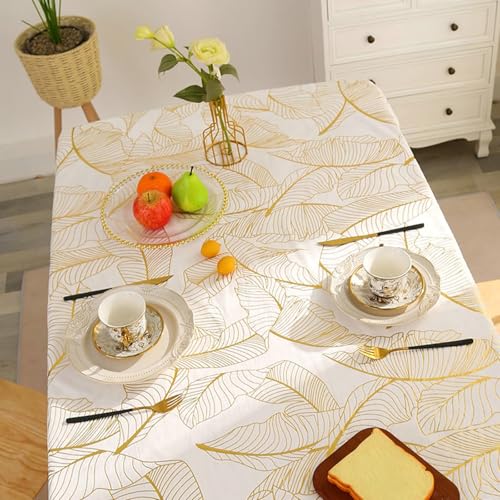 BCughia Tischdecke Rechteckig 100 x 140, Tischdecke Abwaschbar Esszimmer Polyester Bananen Blätter Tischdecke für Esstisch, Gold Weiß BCughia Tischdecke Rechteckig 100 x 140, Tischdecke Abwaschbar Esszimmer Polyester Bananen Blätter Tischdecke für Esstisch, Gold Weiß von BCughia