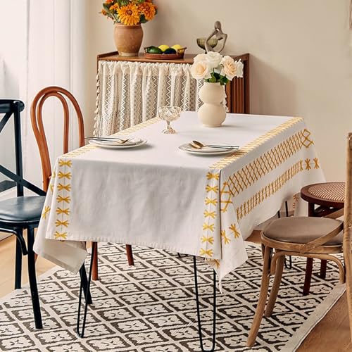 BCughia Tischdecke Rechteckig 150 x 100 Gelb, Tischdecke Abwaschbar Esszimmer Polyester Baumwolle Geometrische Stickerei Tischdecke für Küche,Esszimmer,Tischdekoration von BCughia