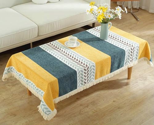 BCughia Tischdecken 100 x 140 cm, Rechteckig Tischtuch Wasserabweisend Polyester Blätter Jacquard mit Quasten Tischdecke für Küche,Esszimmer,Tischdekoration, Gelb Blau von BCughia