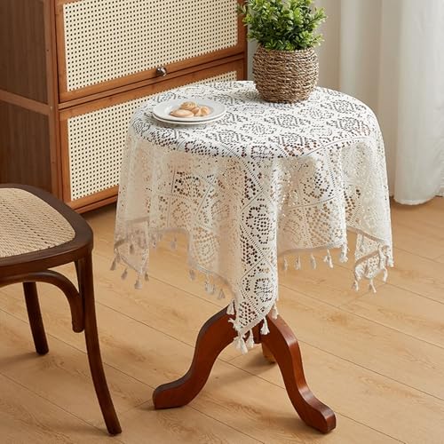 BCughia Tischdecken 90 x 90 cm Beige, Runde Tischdecke Abwaschbar Polyester Baumwolle Hohl Spitze Stickerei mit Quasten Tischdecke für Esstisch BCughia Tischdecken 90 x 90 cm Beige, Runde Tischdecke Abwaschbar Polyester Baumwolle Hohl Spitze Stickerei mit Quasten Tischdecke für Esstisch von BCughia