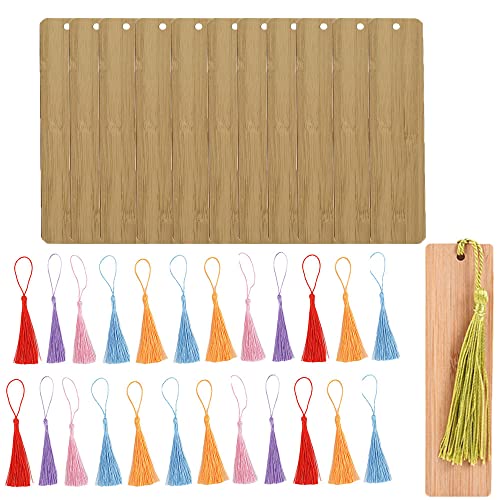 BDHI 12 teiliges Holz Lesezeichen Set und 24-teiliges mehrfarbiges Quasten DIY Lesezeichen aus Holz mit Löchern und Seilen. Rechteckiges leeres Lesezeichen für DIY Holz Lesezeichen(Y81-12) von BDHI