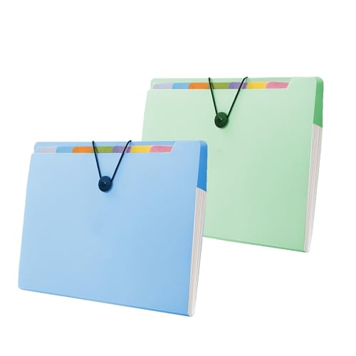 Fächermappe A4 (2 Stück) - Dokumentenmappe mit 12 Fächern & Index-Tabs, fester elastischer Schnurverschluss, 360 Seiten Kapazität, Mappen Ordnersystem für Schule/Büro, mappe mit fächern (blau + grün) von BDHYYM