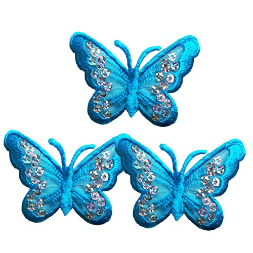 3 Stück Aufnäher zum Aufbügeln oder Aufnähen, Schmetterling-Motiv, bestickt, für Rucksäcke, Jeans, Mädchenrock (blau) von BDIHS