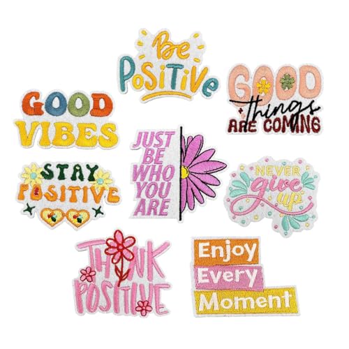 8 x Motivationshut-Aufnäher, "Never Give Up Good Vibes Be Positive", bestickt, zum Aufbügeln, für Bestätigungs-Kollektionen, Kleidung, Taschen, Hüte, Jacken, Jeans, Rucksäcke 8 x Motivationshut-Aufnäher, "Never Give Up Good Vibes Be Positive", bestickt, zum Aufbügeln, für Bestätigungs-Kollektionen, Kleidung, Taschen, Hüte, Jacken, Jeans, Rucksäcke von BDIHS
