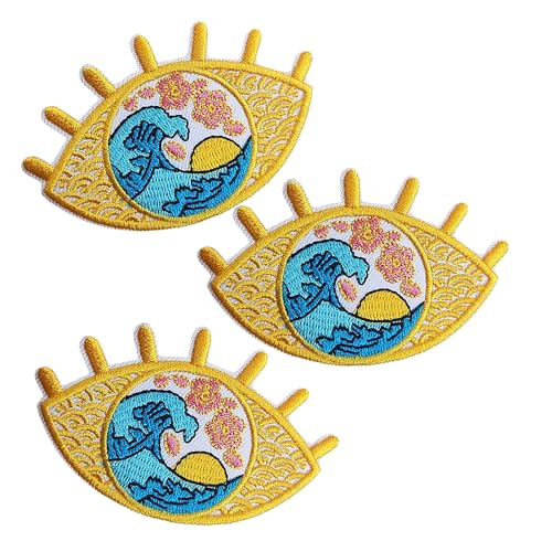 Sunrise Great Wave Eye Iron on Patch, 3 Stück, weiche, dünne Augen, Kunst, Stickerei-Flicken für selbstgemachte Kleidung, Hüte, Taschen, Jacken, Jeans, Rucksäcke Sunrise Great Wave Eye Iron on Patch, 3 Stück, weiche, dünne Augen, Kunst, Stickerei-Flicken für selbstgemachte Kleidung, Hüte, Taschen, Jacken, Jeans, Rucksäcke von BDIHS