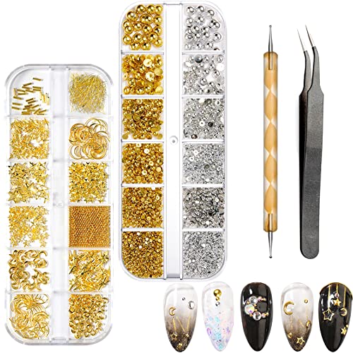 BDSHUNBF 1400 Stück Nagel Art Strasssteine Set, Gold Glitzersteine Nail Art, Kristall Nagel Steinchen Set, Sterne Mond Nail Art Charms, für Nägel DIY, mit Pinzette und Bohrstift von BDSHUNBF