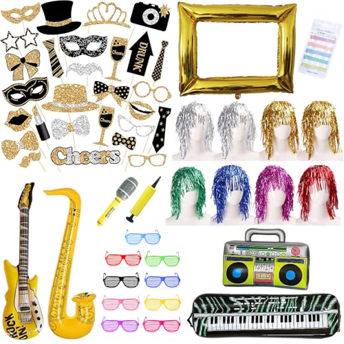 75 Stück Party Deko Fotobox Accessoires,Aufblasbar Musik Party Zubehör,Foto Requisiten,Perücken,Party Dekoration für Hochzeit,Halloween,Weihnachten,Tischdeko Geburtstag,Karneval,Silvester Deko von BDSMJOY