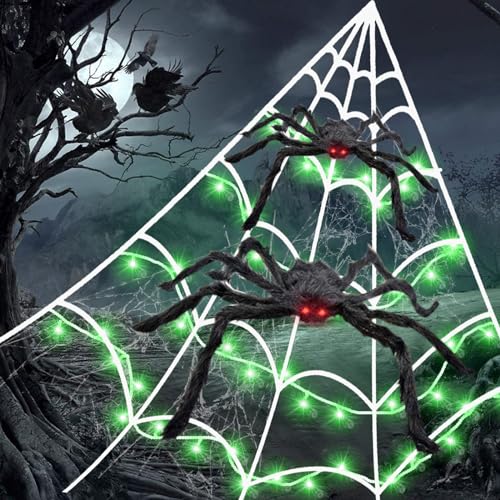 Halloween Deko mit Riesen Spinnennetz + 2 Riesenspinne + 10 kleine Terror Spinnen + Halloween Lichterkette 5 M,Outdoor Horror Deko Garten von BDSMYEE