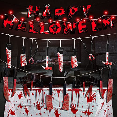 Halloween Deko Horror Set, Blutige Tischdecke(108*180cm) + Halloween Banner Deko + 12 Stück Blutige Messer + Blutiges Werkzeugset(8 Stück) + Creepy Scharlachrote für Party und Zimmer Fenster von BDSMYOU