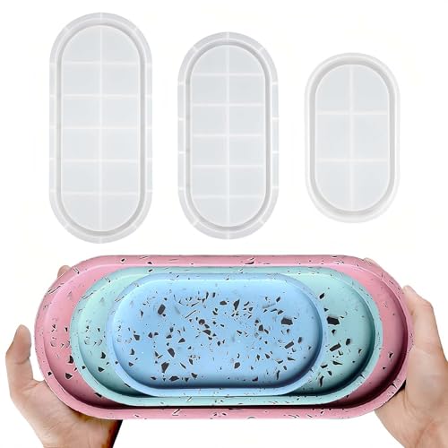 BDYLYS 3 Stück Silikonformen Tablett Set – Runde & Ovale Silikonform mit Rillen für Epoxidharz – DIY Gießformen für Teetablett, Obsttablett, Untersetzer – Kunsthandwerk & Resin Bastelprojekte von BDYLYS