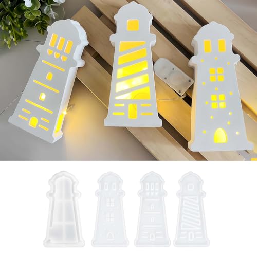 BDYLYS 4 Stück Silikonformen Gießformen Leuchtturm Haus, 3D Gießform für Seaside Haus, Gießformen Silikon Häuser, Silikonform Haus 3D von BDYLYS