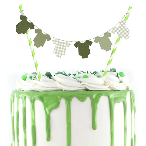 Grüner Tortenaufsatz für Babypartys – Grüner Body mit Gingham-Kuchenaufsatz, Geschlechtsoffenbarungsdekoration, Babyparty-Kuchendekorationen, Gingham-Einteiler, Party-Dekorationen (Grün 2) von BEADED