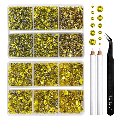 BEADSLAND Hotfix Strasssteine, 6080 Stück Gelb Strasssteine für Kleidung Kunsthandwerk gemischt 6 Größen mit Wachsstift und Pinzette Kit, SS6-SS30,Zitronengelb von BEADSLAND