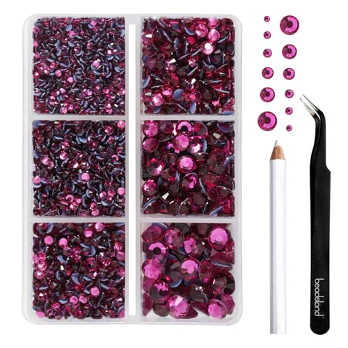 BEADSLAND Hotfix Strasssteine,4000 PCS Fuchsie Strasssteine für Kleidung Kunsthandwerk gemischt 6 Größen mit Wachsstift und Pinzette Kit, SS6-SS30, Fuchsie von BEADSLAND