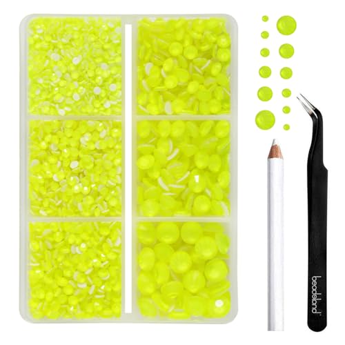 BEADSLAND Hotfix Strasssteine,4000 PCS Gelber Strasssteine für Kleidung Kunsthandwerk gemischt 6 Größen mit Wachsstift und Pinzette Kit, SS6-SS30, Neon Gelb von BEADSLAND