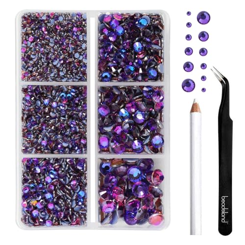 BEADSLAND Hotfix Strasssteine,4000 PCS Lila Strasssteine für Kleidung Kunsthandwerk gemischt 6 Größen mit Wachsstift und Pinzette Kit, SS6-SS30, Lila Samt von BEADSLAND