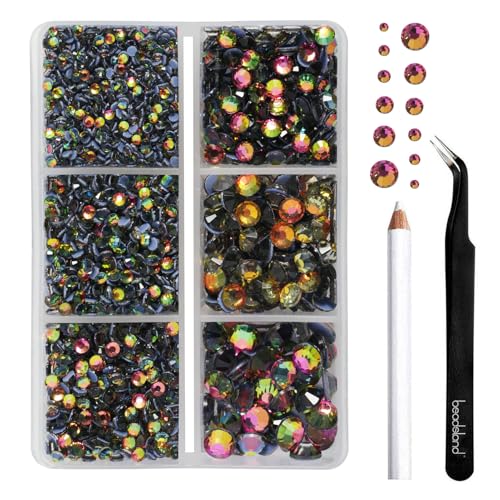 BEADSLAND Hotfix Strasssteine,4000 PCS Regenbogen Strasssteine für Kleidung Kunsthandwerk gemischt 6 Größen mit Wachsstift und Pinzette Kit, SS6-SS30, Regenbogen von BEADSLAND