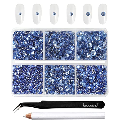 Beadsland 4300 Stück Blau Strasssteine mit flacher Rückseite,Nagelsteine, runde Kristall-Strasssteine zum Basteln, gemischt in 6 Größen, mit Picking Pinzette und Wachsstift Set, SS6–SS20,Hellblau von BEADSLAND