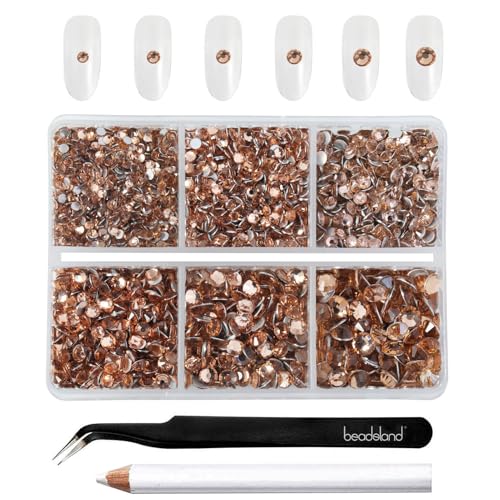 Beadsland 4300 Stück Champagner Strasssteine mit flacher Rückseite,Nagelsteine,Kristall-Strasssteine zum Basteln,gemischt in 6 Größen,mit Picking-Pinzette und Wachsstift-Set,SS6–SS20,Champagner von BEADSLAND