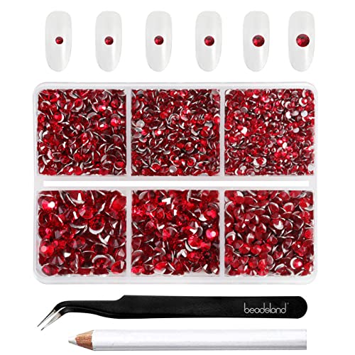 Beadsland 4300 Stück Rot Strasssteine mit flacher Rückseite,Nagelsteine, runde Kristall-Strasssteine zum Basteln, gemischt in 6 Größen, mit Picking-Pinzette und Wachsstift-Set, SS6–SS20,Rot von BEADSLAND