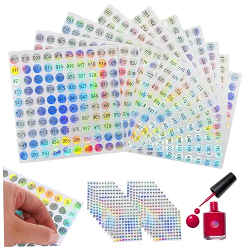 1000 Aufkleber, 20 Blätter Number-Aufkleber, 1-1000 nummeriert, 10mm Dia..Runde Reflexion für DIY -Handwerksmarkierungsnummerierung Manikürewerkzeug von BEAHING