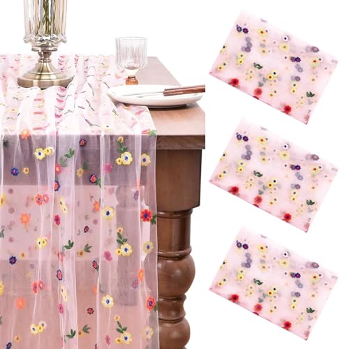BEAHING Blumentischläufer, 3pcs Tüll Tischläufer 28x118in Stickerei Daisy Gaze Sommer für Partydekoration von BEAHING