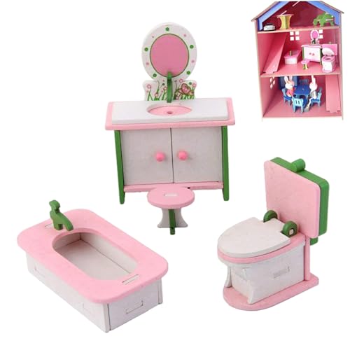 BEAHING Puppenhaus Miniaturmöbel, Puppenhaus Holz Möbel Set Miniatur Stuhl Kommode Badewanne Toilettenmodell Puppenhauszubehör von BEAHING