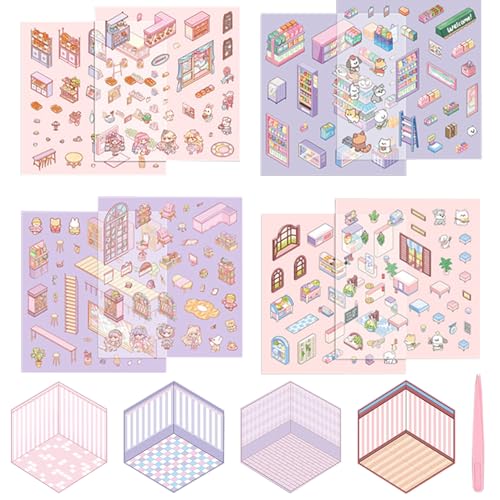 BEAHING Zimmeraufkleberbuch, 4 Sets süßer lustiger Cartoon 3D -Aufkleber -Szene, Supermarkt Bakery Library Restaurant DIY 3D House Sticker mit Pinzetten, Relief Stress isometrische Raumaufkleber BEAHING Zimmeraufkleberbuch, 4 Sets süßer lustiger Cartoon 3D -Aufkleber -Szene, Supermarkt Bakery Library Restaurant DIY 3D House Sticker mit Pinzetten, Relief Stress isometrische Raumaufkleber von BEAHING