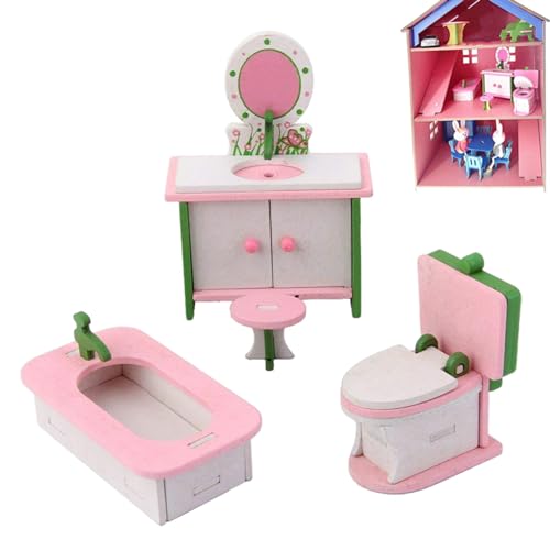 Miniatur -Kommode, Puppenhaus Holz Möbel Set Miniatur Stuhl Kommode Badewanne Toilettenmodell Puppenhauszubehör, Puppenhaus Mini Möbel von BEAHING