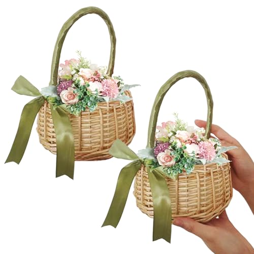 Weidenpicknickkorb, 2pcs Korbkorb mit Griff, tragbare Ernte mit Bandbogen für Obst, Gemüse, Blumen, Organisieren von BEAHING