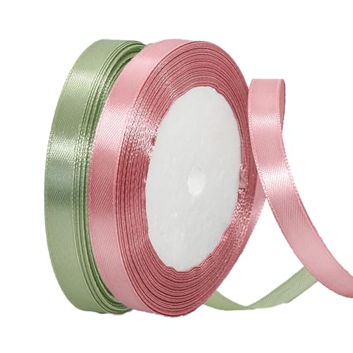2 Rollen Satinband 10mm Breit, Geschenkband Eukalyptus Grün und Altrosa Schleifenband Stoff Satinbänder für Blumensträuße, Geschenkverpackung, Weihnachten, Hochzeit und DIY Kunsthandwerk von BEALIFOUAM
