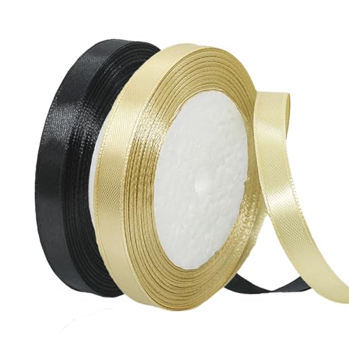 2 Rollen Satinband 10mm Breit, Geschenkband Schwarz und Gold Schleifenband Stoff Satinbänder für Blumensträuße, Geschenkverpackung, Weihnachten, Hochzeit und DIY Kunsthandwerk von BEALIFOUAM