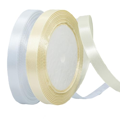 2 Rollen Satinband 10mm Breit Weiß, Geschenkband Beige und Weiss Schleifenband Stoff Satinbänder für Blumensträuße, Geschenkverpackung, Weihnachten, Hochzeit und DIY Kunsthandwerk von BEALIFOUAM