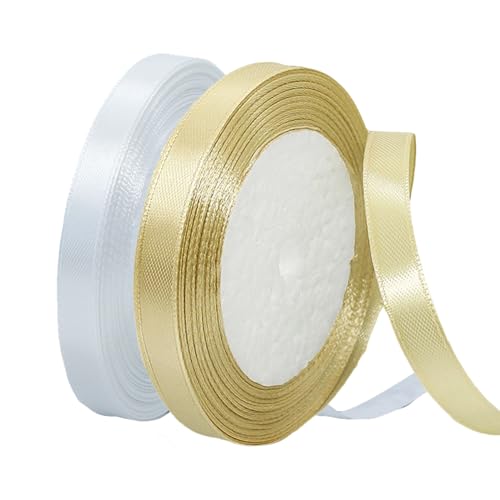 2 Rollen Satinband 10mm Breit Weiß, Geschenkband Weiss und Gold Schleifenband Stoff Satinbänder für Blumensträuße, Geschenkverpackung, Weihnachten, Hochzeit und DIY Kunsthandwerk 2 Rollen Satinband 10mm Breit Weiß, Geschenkband Weiss und Gold Schleifenband Stoff Satinbänder für Blumensträuße, Geschenkverpackung, Weihnachten, Hochzeit und DIY Kunsthandwerk von BEALIFOUAM