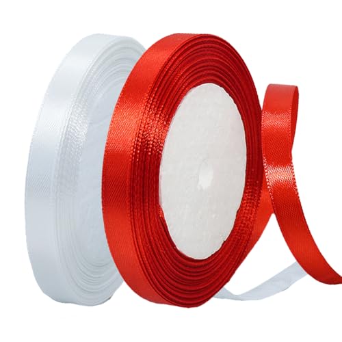 2 Rollen Satinband 10mm Breit Weiß, Geschenkband Weiss und Rotes Schleifenband Stoff Satinbänder für Blumensträuße, Geschenkverpackung, Weihnachten, Hochzeit und DIY Kunsthandwerk von BEALIFOUAM