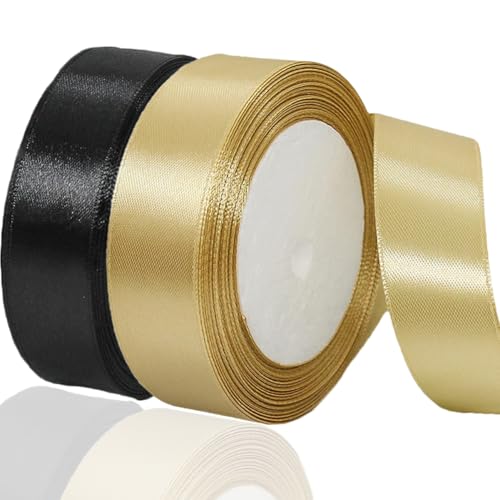 2 Rollen Satinband 20mm Breit, Geschenkband Schwarz und Gold Schleifenband Stoff Satinbänder für Blumensträuße, Geschenkverpackung, Weihnachten, Hochzeit und DIY Kunsthandwerk von BEALIFOUAM