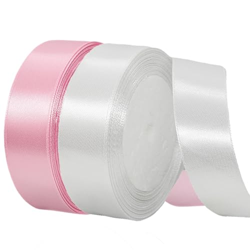 2 Rollen Satinband 20mm Breit Weiß, Geschenkband Rosa und Weiss Schleifenband Stoff Satinbänder für Blumensträuße, Geschenkverpackung, Weihnachten, Hochzeit und DIY Kunsthandwerk von BEALIFOUAM