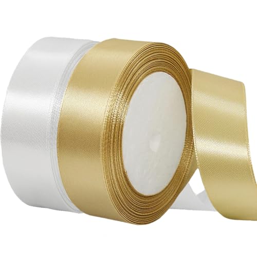 2 Rollen Satinband 20mm Breit Weiß, Geschenkband Weiss und Gold Schleifenband Stoff Satinbänder für Blumensträuße, Geschenkverpackung, Weihnachten, Hochzeit und DIY Kunsthandwerk von BEALIFOUAM