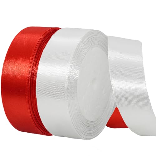 2 Rollen Satinband 20mm Breit Weiß, Geschenkband Weiss und Rotes Schleifenband Stoff Satinbänder für Blumensträuße, Geschenkverpackung, Weihnachten, Hochzeit und DIY Kunsthandwerk von BEALIFOUAM