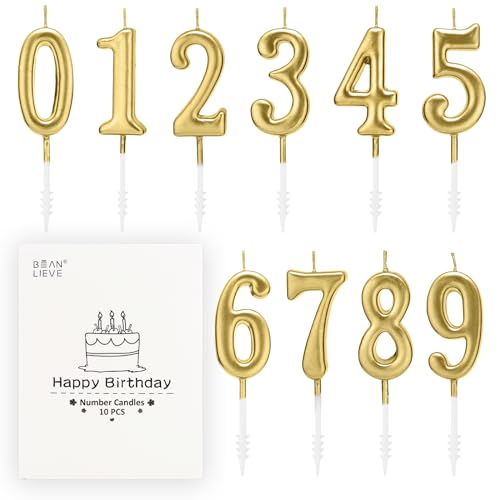 BEAN LIEVE 10 Stück Ziffern-Geburtstagskerzen – Kuchen-Zahlenkerzen, Zahlen 0–9, glitzernde Kuchendekoration für Geburtstag, Hochzeitstag und Partyfeier (Champagnergold) von BEAN LIEVE