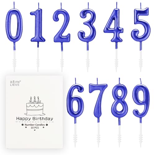 BEAN LIEVE 10 Stück Ziffern-Geburtstagskerzen – Kuchen-Zahlenkerzen, Zahlen 0–9, glitzernde Kuchendekoration für Geburtstag, Hochzeitstag und Partyfeier (blau) von BEAN LIEVE